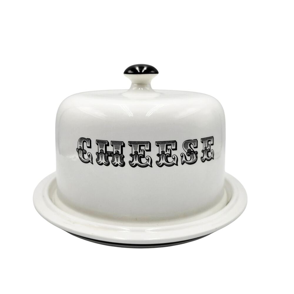 Vintage Hoffritz Cheese Dome & Plate White Ceramic Black Letters Made in England